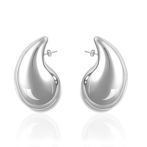 Bottega Earring Dupes Extra large Water Drop Earring Oversized Chunky Silver Hoop Earrings for Women 18K White-Gold Plated Stud (Drop-S-M) | Amazon (US)