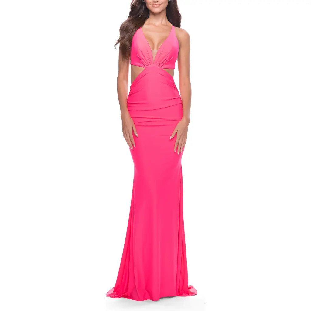 La Femme Prom Dress with Cut Out Sides and Low Open Back in Neon in Neon Pink at Nordstrom, Size 0 | Nordstrom