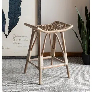 SAFAVIEH 25.6- Inch Leda Rattan White/ Grey Bar Stool - 17.7" x 17.7" x 25.2" - On Sale - Oversto... | Bed Bath & Beyond
