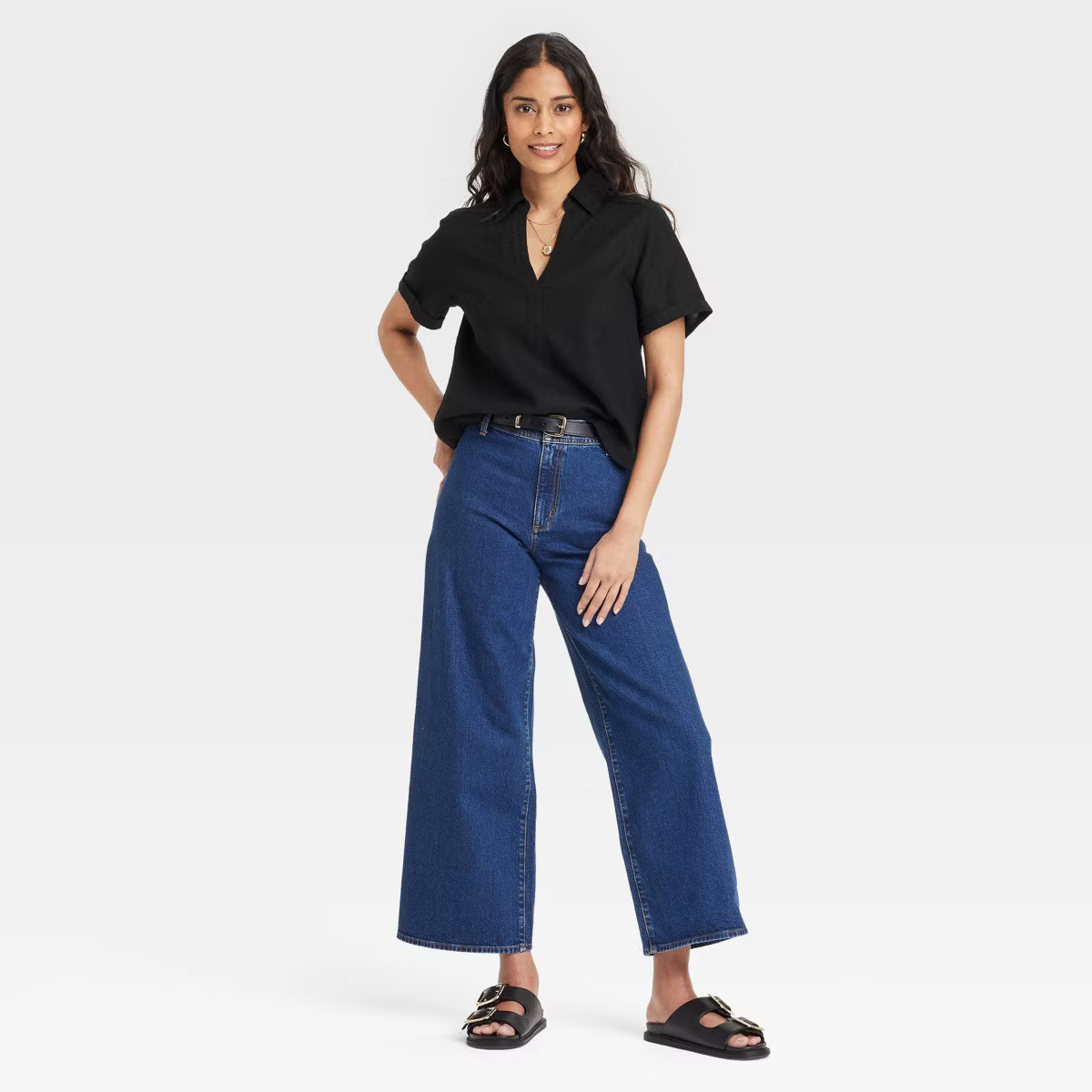 Women's Short Sleeve Popover Blouse - Universal Thread™ Black M: Linen Rayon Blend, Relaxed Fit... | Target