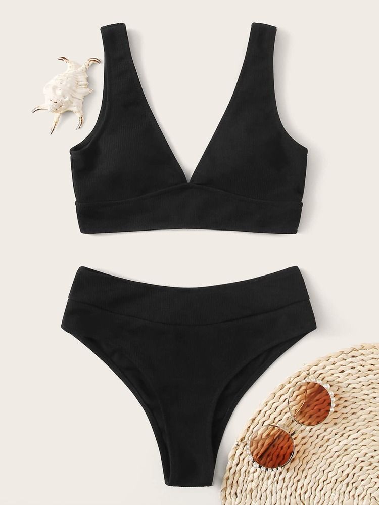 Rib High Waisted Bikini Swimsuit | SHEIN