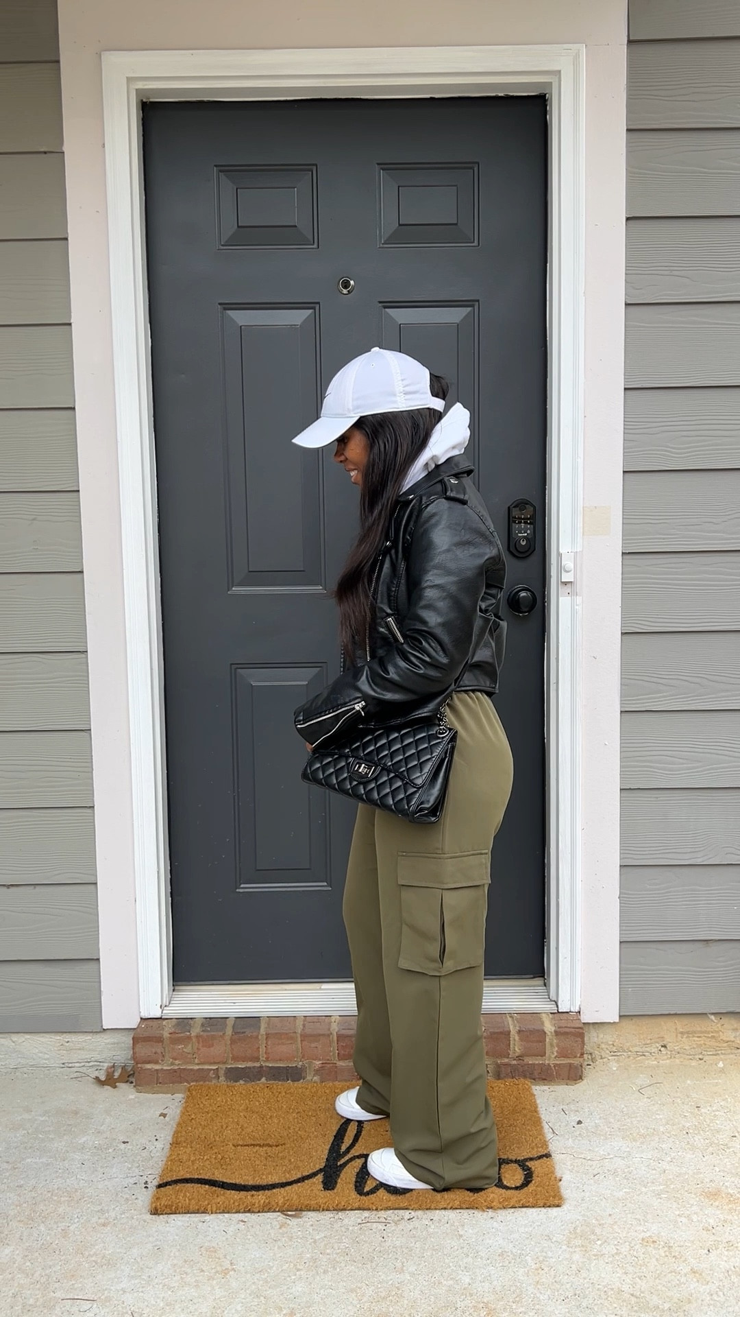 Winter outfit idea. I’m wearing a black faux leather jacket, white cropped hoodie, green wide leg cargo pants. I styled this outfit with a white Nike hat, black crossbody purse and Nike blazer sneakers


#LTKPetite #LTKootd #LTKFindsUnder50