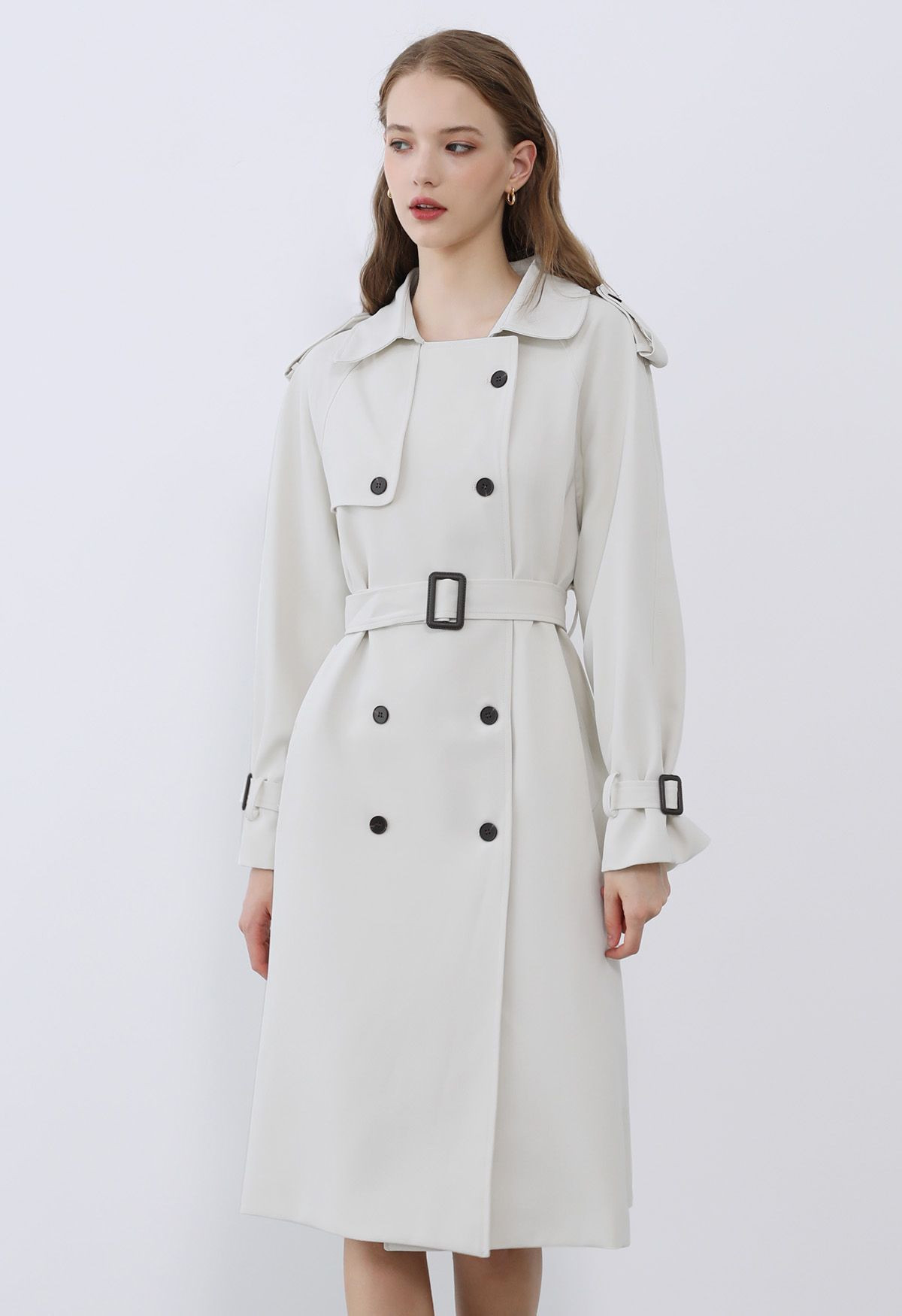 Tailored Double-Breasted Belted Trench Coat in Ivory | Chicwish