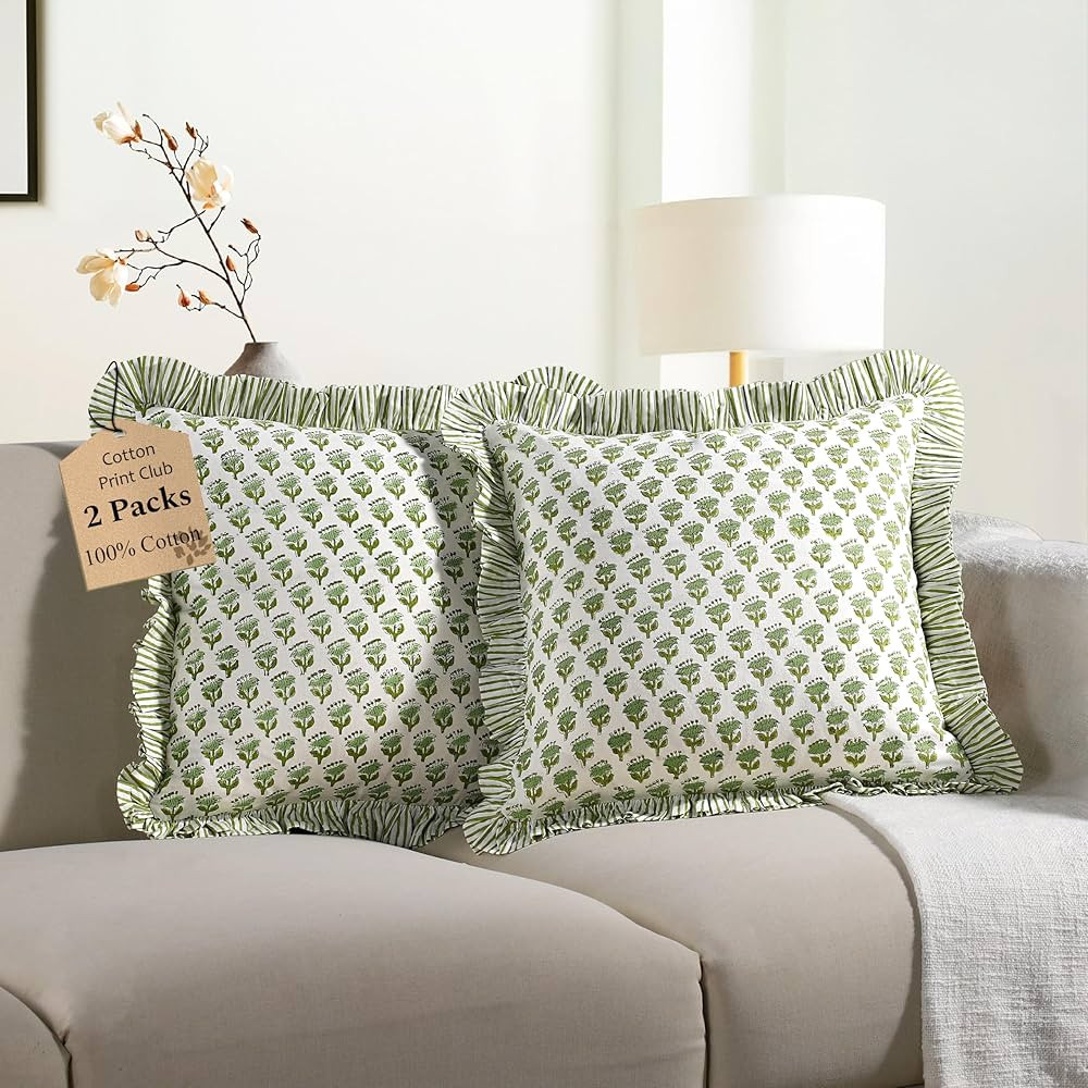 CPC Emerald Green Ruffle Throw Pillow Covers for Couch, 18x18 Inch Cotton Stripe Ruffle Couch Pil... | Amazon (US)