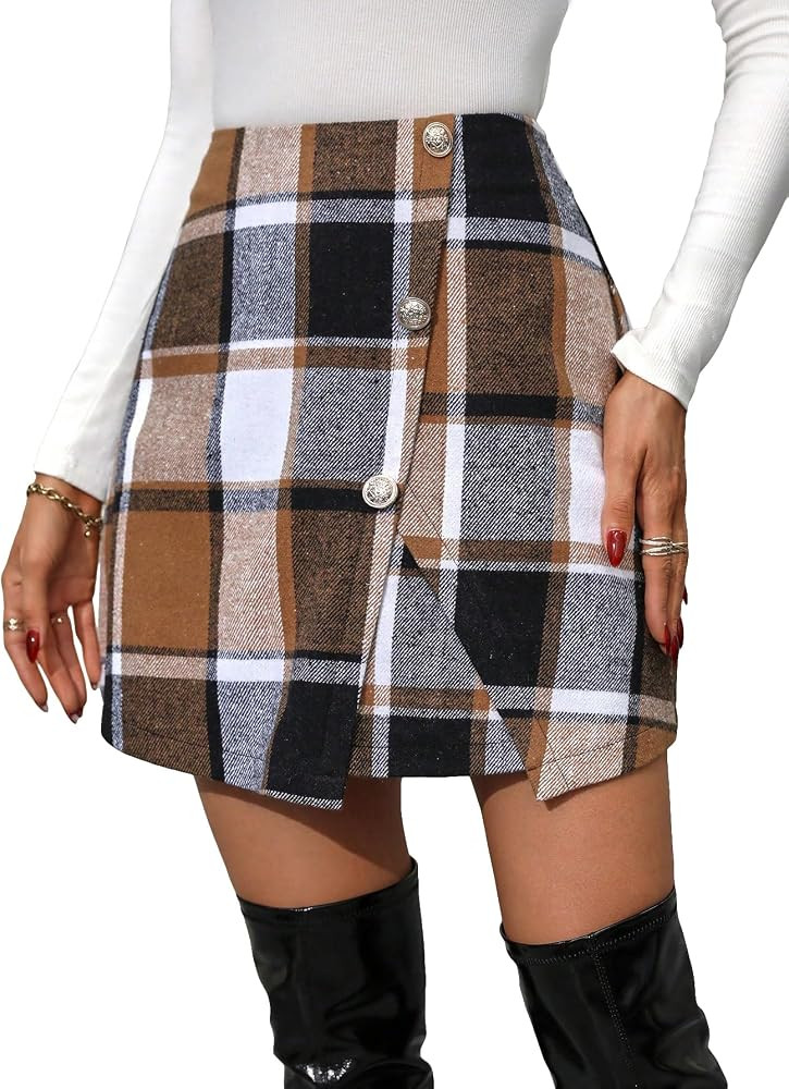MakeMeChic Women's Plaid Print High Waisted Button Front Wrap A Line Mini Skirt | Amazon (US)