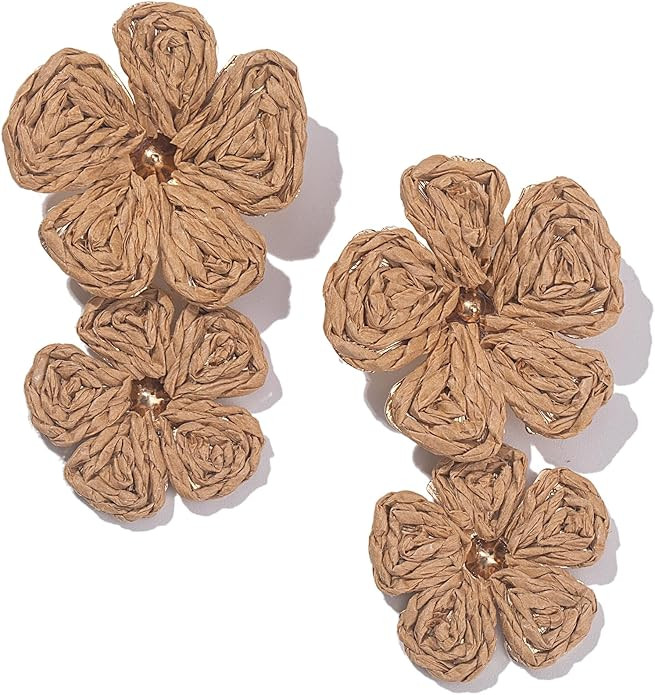 Boho Flower Earrings Statement Raffia Dangle Earrings Cute Floral Jewelry Trendy Summer Beach Vac... | Amazon (US)