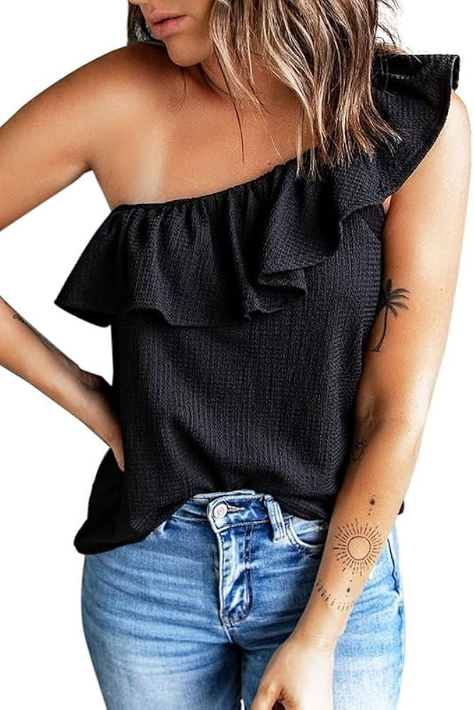 Dokotoo Womens One Shoulder Tops Ruffled Solid Tunic Shirts Sleeveless Loose Tank Top | Amazon (US)