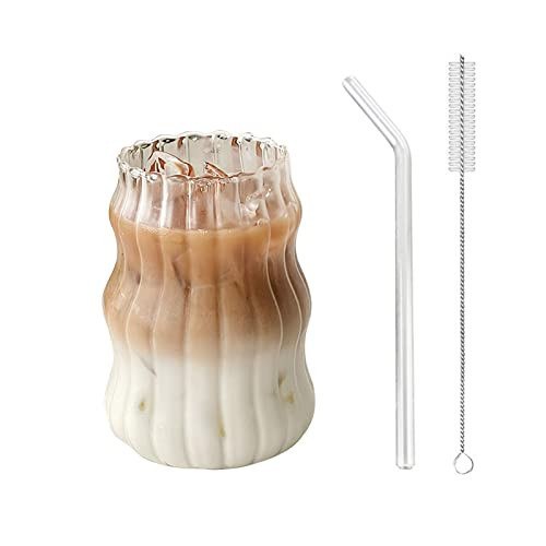 Iced Coffee Cup with Straw 18 oz Glass Clear Ripple Coffee Mug with Glass Straw and Straw Cleaner Brush Ribbed Glassware Smoothie Cup Water Glasses (C Clear - 530ml, 2) | Amazon (UK)