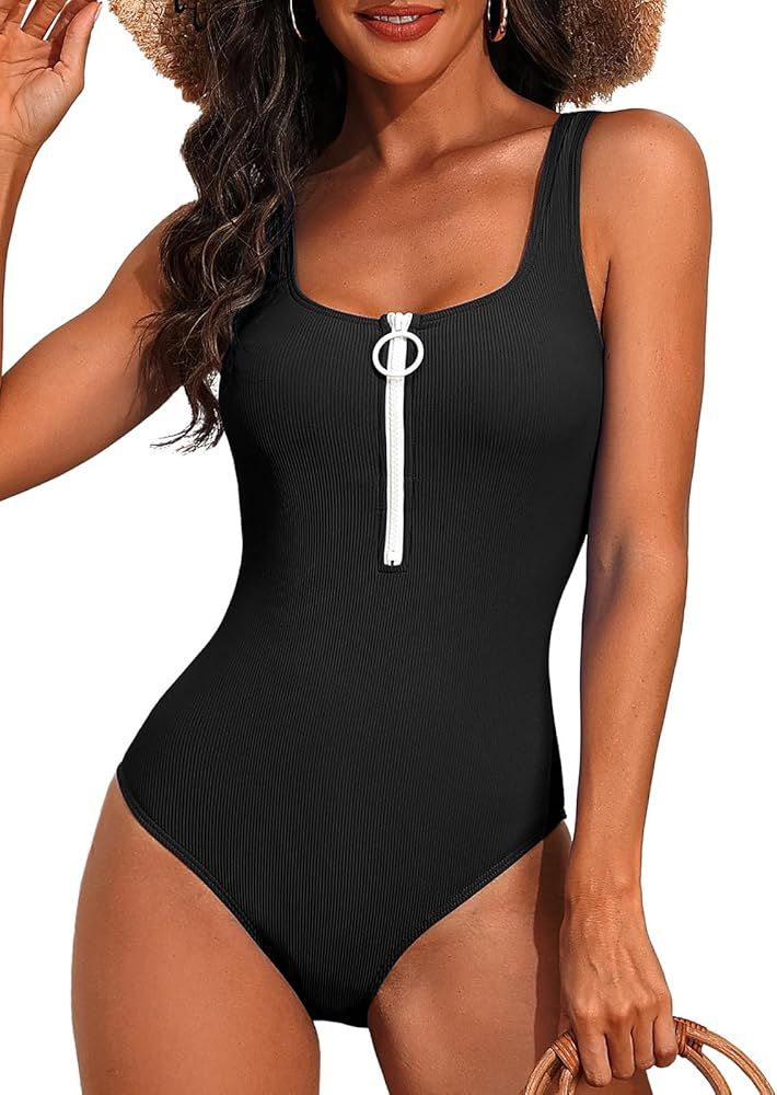 SOCIALA Women Zipper Ribbed One Piece Swimsuit High Cut Square Neck Bathing Suits Sexy Swimwear | Amazon (US)