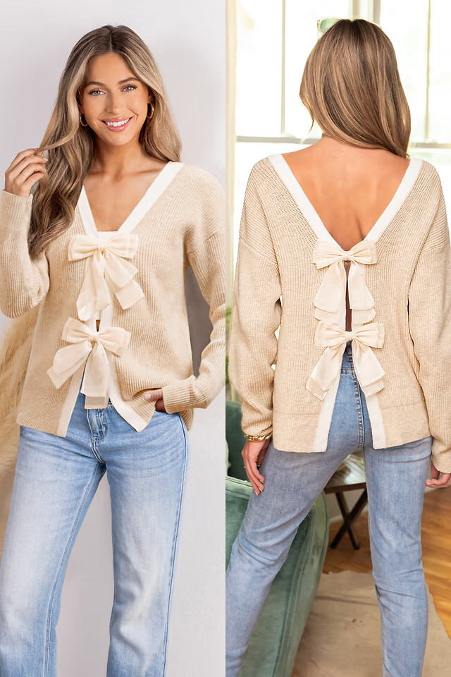 Bow Moment Beige Sweater | Cupshe US