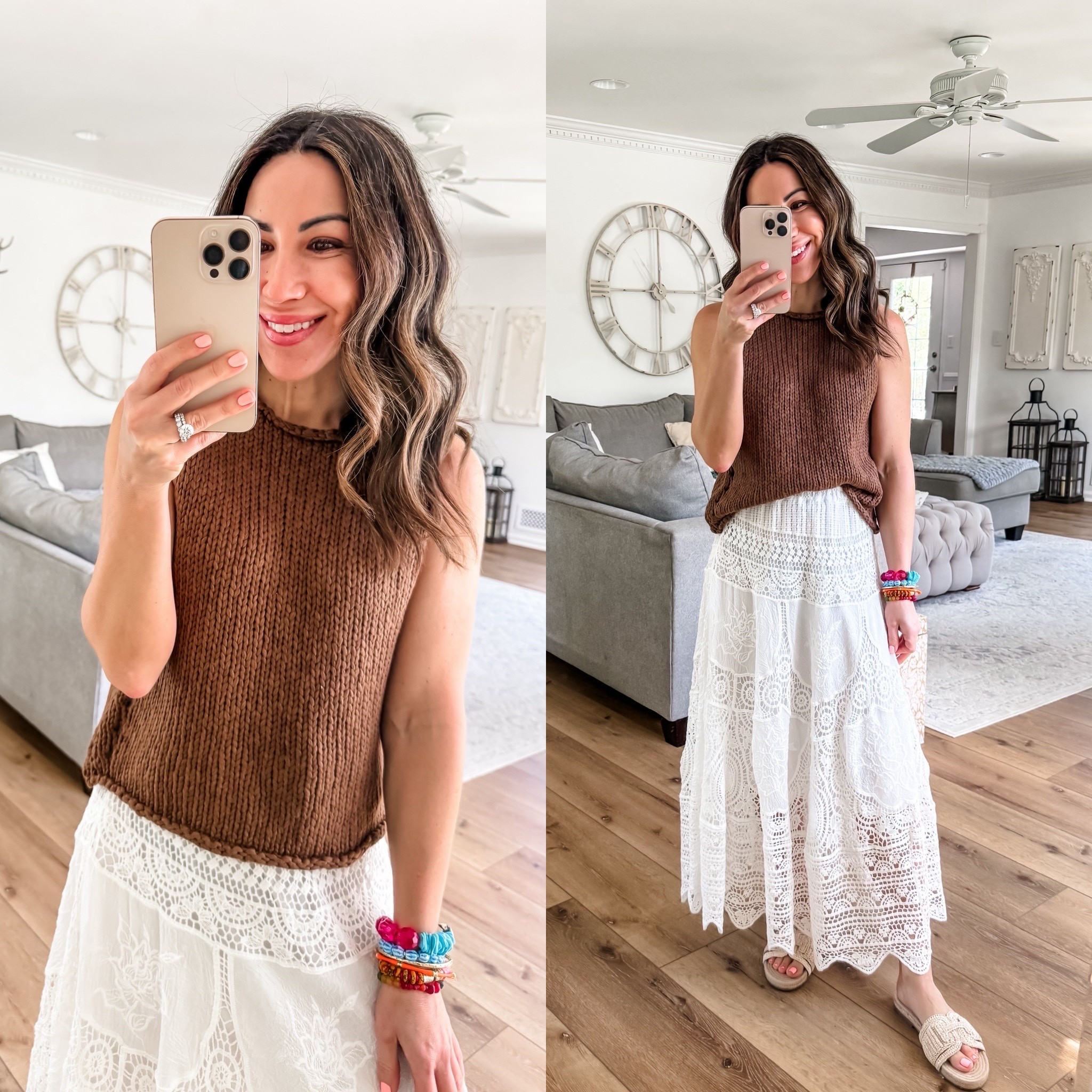 Small sweater tank. Small white maxi skirt. Crochet skirt.

#LTKOver40