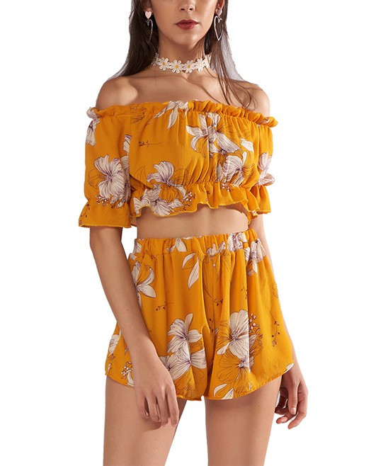 ELANSHIJIA Women's Casual Shorts yellow - Yellow Floral Ruffle-Accent Off-Shoulder Crop Top & Yellow | Zulily
