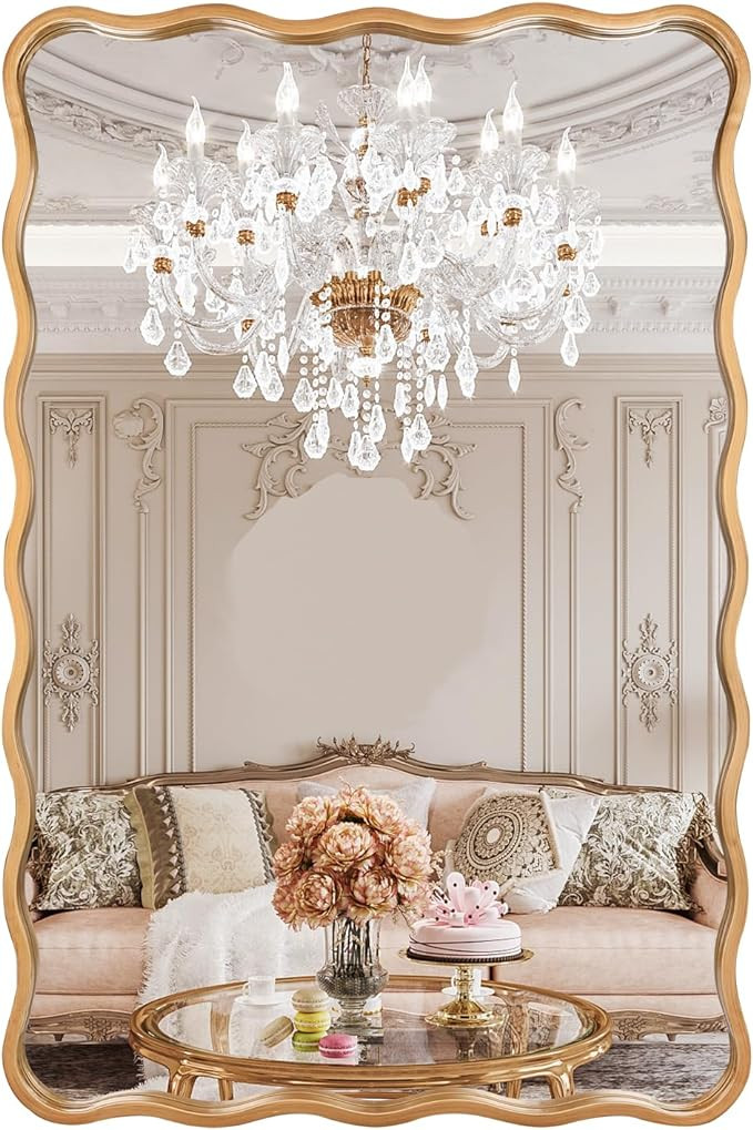 24 * 36 Inch Gold Ripple Rectangle Bathroom Mirror Wall Mounted Large Modern Countryside Suitable... | Amazon (US)