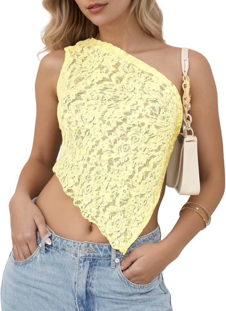 Women Backless One Shoulder Sheer Lace Tank Sexy Sleeveless See Through Asymmetrical Hem Bandage ... | Amazon (US)