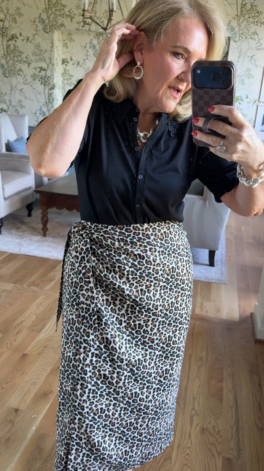 Boden linen leopard wrap skirt is so unique so lovely dressed up or down for the office for a dinner out. 
Wearing an 8 petite 
Black knit top has so many details size 10 reg 
Silver Julie Vos is stunning

#LTKOver40 #LTKootd #LTKWorkwear