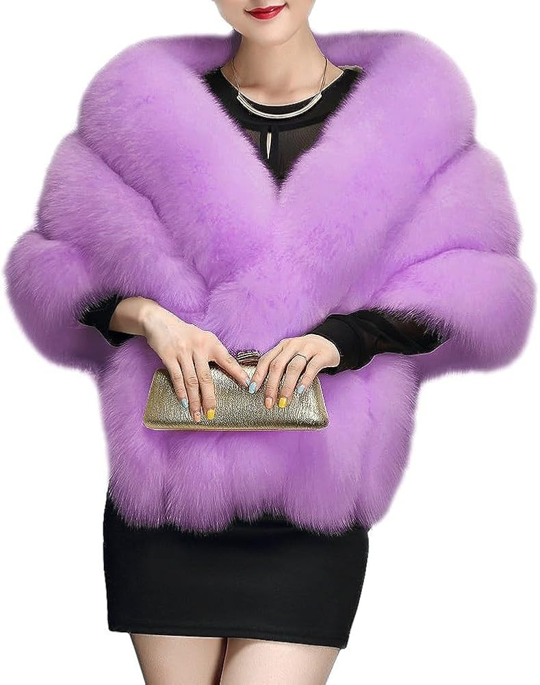 UMREN Women's Luxury Party Faux Fox Fur Long Shawl Cloak Cape for Winter | Amazon (US)
