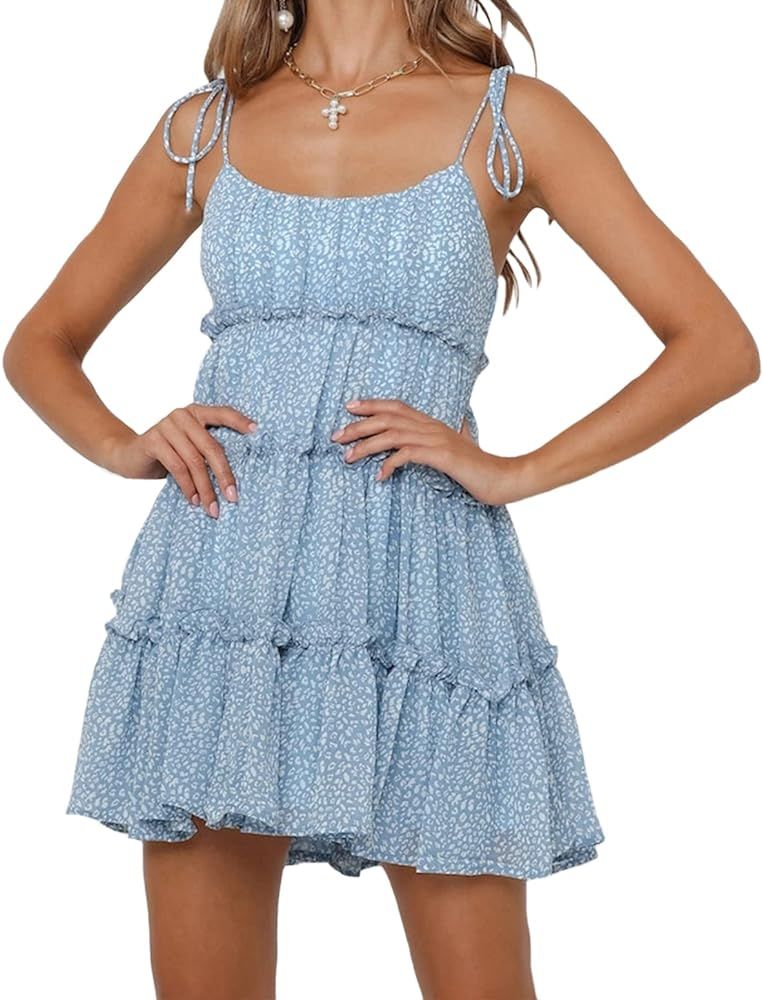 Mansy Womens 2023 Summer Floral Mini Dress Boho Flowy Skater Dresses Short Sleeveless Ruffle Spag... | Amazon (US)