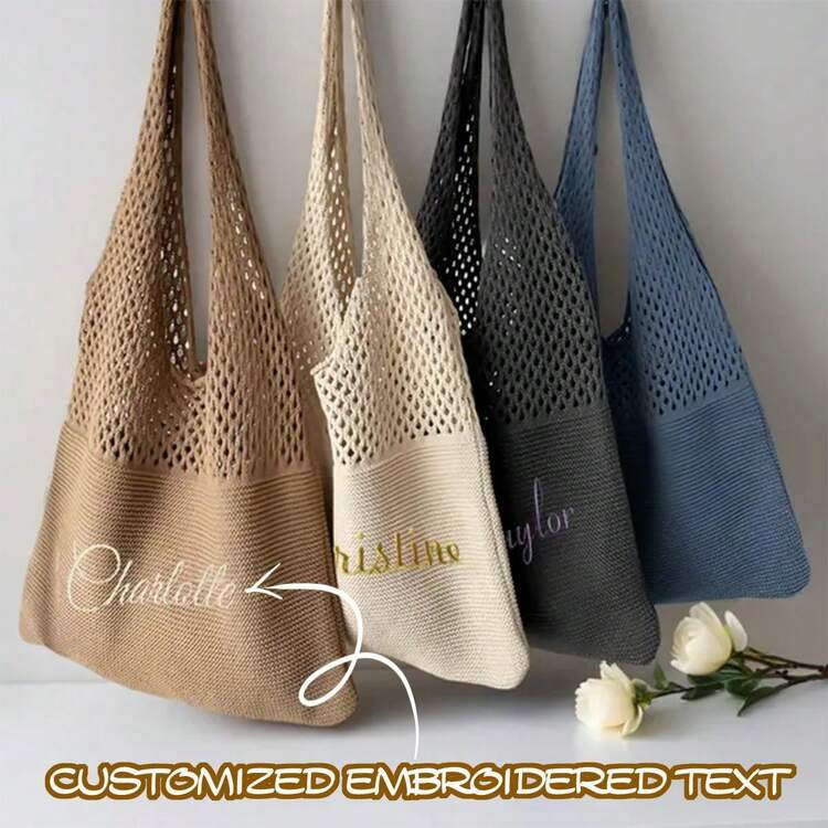 1pc Custom Embroidered Fashionable Boho Style Crochet Beach Tote Bag - Solid Color Knitted Should... | SHEIN