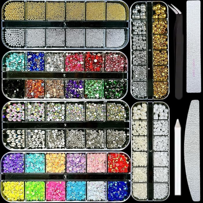 Nail Rhinestones and Charms, 6 Boxes of Flatback Pearls Nail Rhinestone for Bedazzling Kit, 3mm R... | Amazon (US)