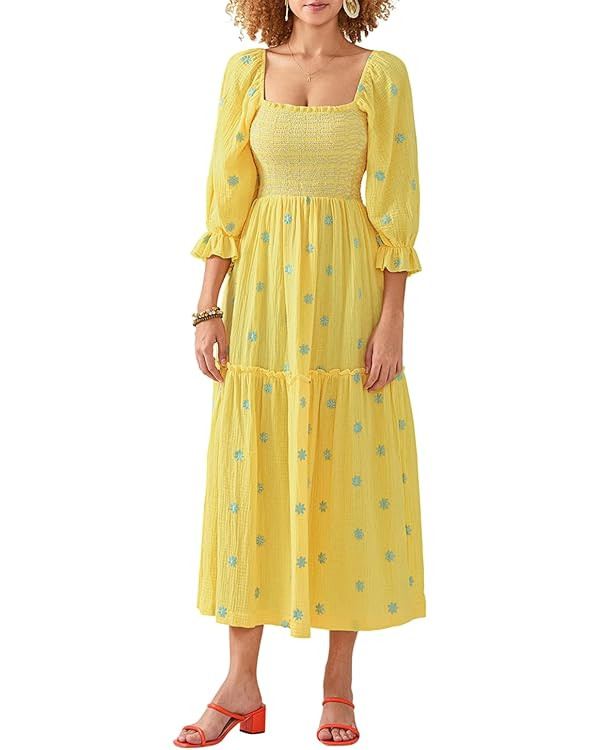 Women's Floral Embroidered Maxi Dress Puff Long Sleeve Square Neck Smocked Tiered Ruffle Dress Bo... | Amazon (US)