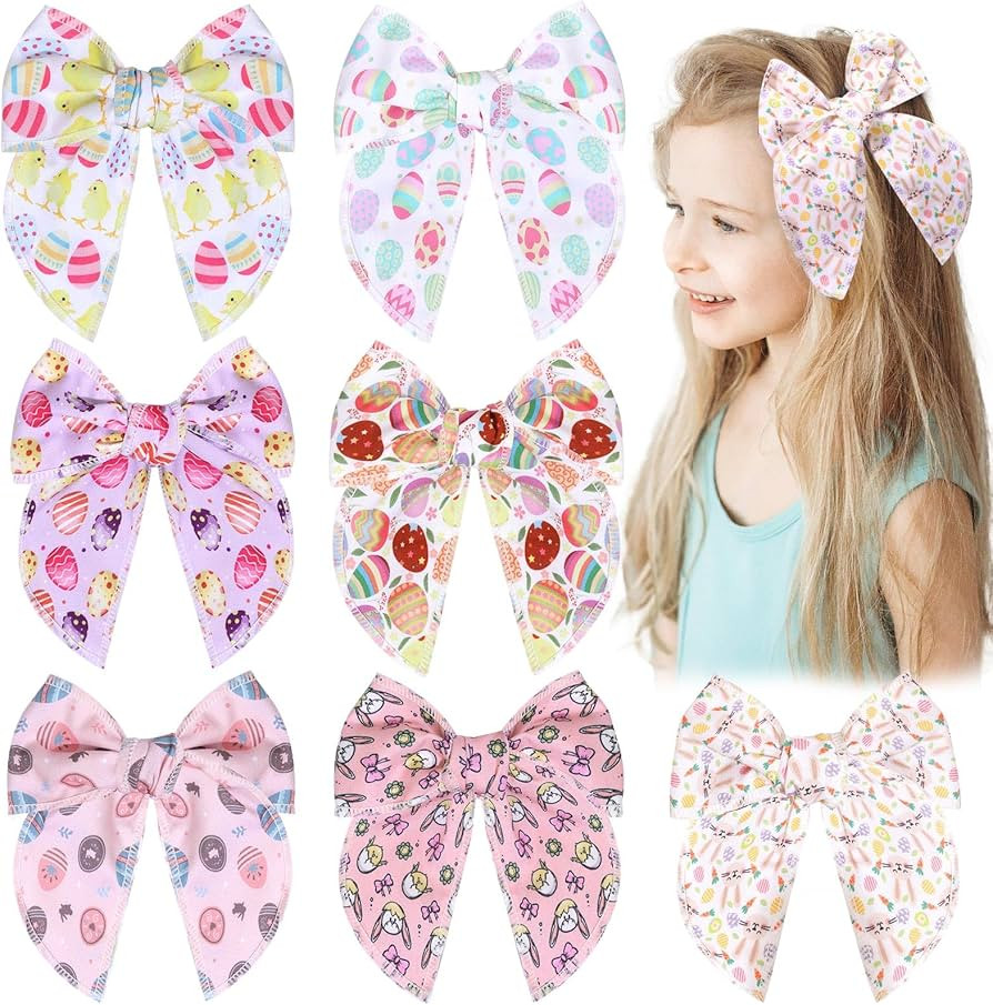 7 PCS Easter Hair Bows for Girls, 4.5 Inch Colorful Girls Bows Toddler Bows Clips with Bunny Rabb... | Amazon (US)