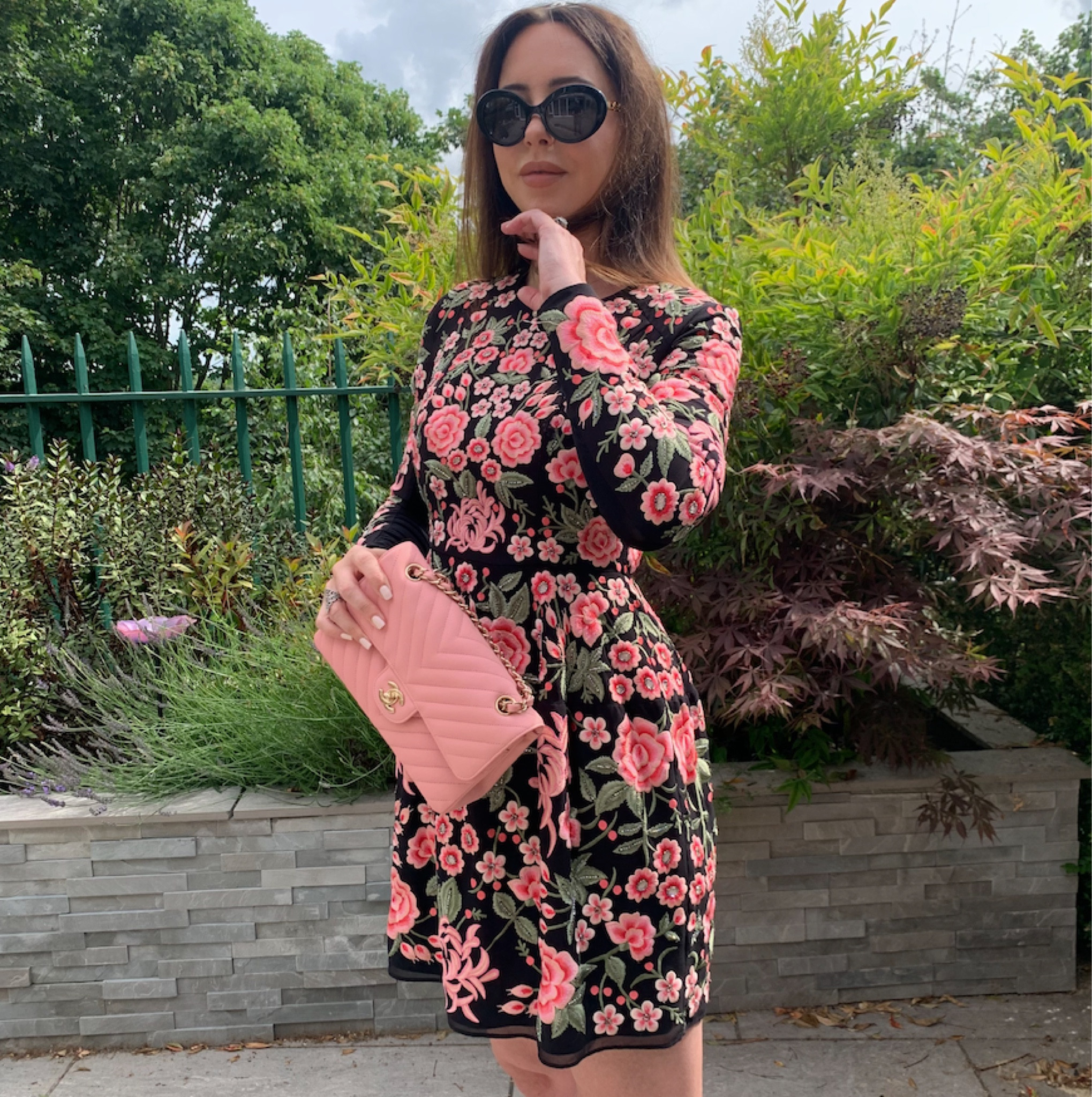Floral long sleeve mini dress, pink quilted chain crossbody dress, black sunglasses 

#LTKeurope #LTKstyletip #LTKSeasonal