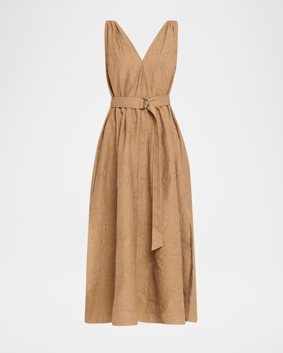 Brunello Cucinelli Sleeveless Cotton Poplin Jacquard Belted Midi Dress | Neiman Marcus