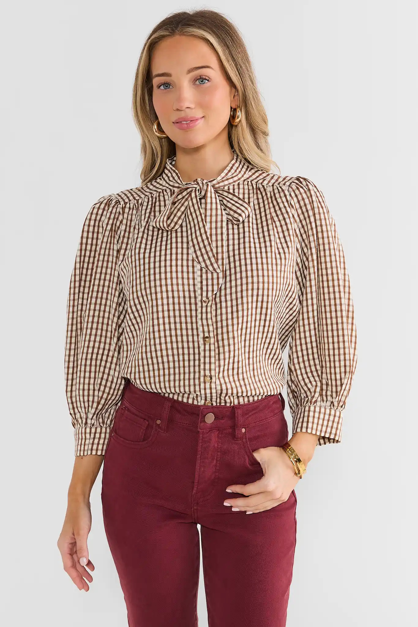 Brown Gingham Tie Neck Top by THML | Avara