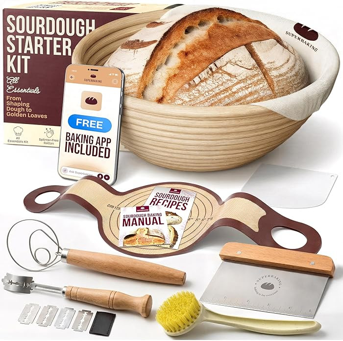 Superbaking Sourdough Starter Kit, 9" Round Banneton Bread Proofing Basket Set, Sourdough Bread B... | Amazon (US)