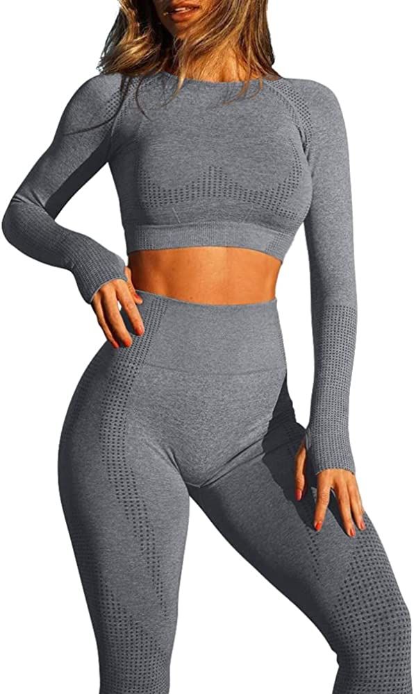 OQQ Women Exercise Outfit 2 Piece Seamless High Waist Leggings Long Sleeve Crop Top Yoga Set | Amazon (US)