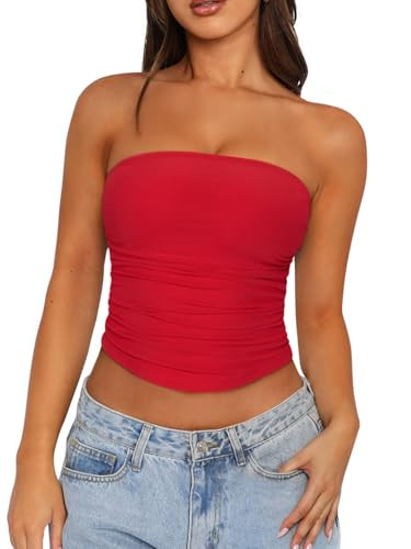 REORIA Womens Sexy Tube Top Summer Lace Sheer Mesh Y2K Double Lined Strapless Crop Bandeau Tank Tops Backless Sleeveless Clothes 2025 Going Out Outfits Red Medium | Amazon (US)