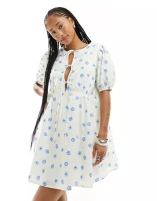 Glamorous bow tie back mini smock dress in blue daisy floral | ASOS | ASOS (Global)
