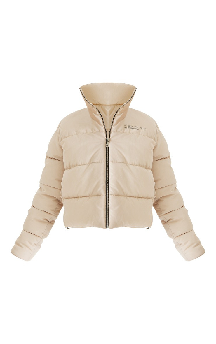 PRETTYLITTLETHING Stone Text Front Funnel Neck Cropped Puffer Jacket | PrettyLittleThing US