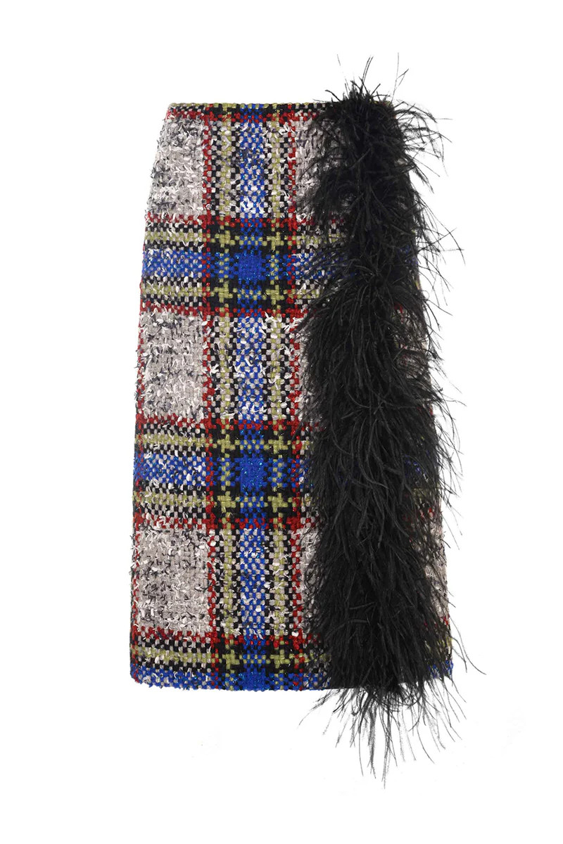 BEIGE AND BLUE CHECKED WOOL AND FEATHER SKIRT | Lalo | CULT MIA | CULT MIA UK LTD