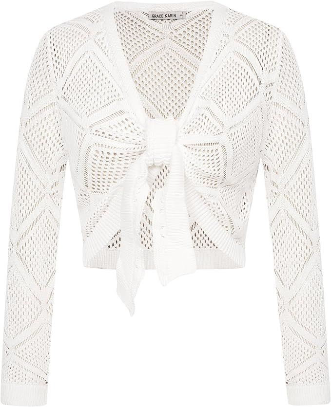 GRACE KARIN Womens Lightweight Tie Front Cropped Cardigan Long Sleeve Crochet Knit Bolero Shrug | Amazon (US)