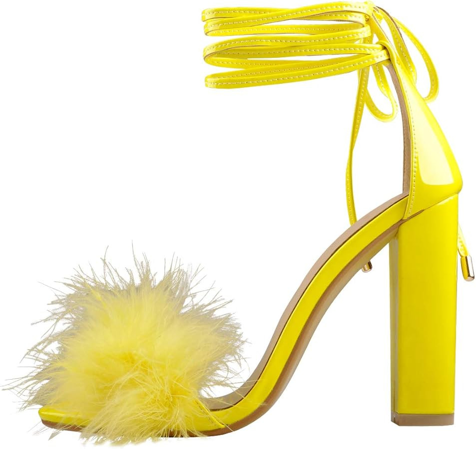 Only maker Women's Lace Up Ankle Strap Fluffy Gladiator Strappy Chunky High Heel Sandals | Amazon (UK)