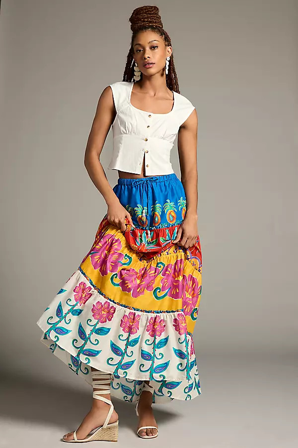 Farm Rio Printed Tiered Maxi Skirt By Farm Rio in Blue Size XS | Anthropologie (US)