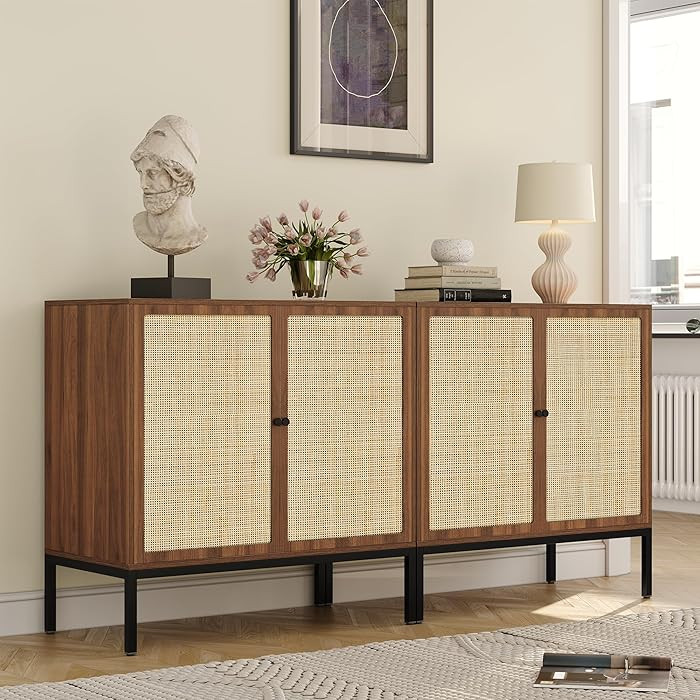 Yechen Farmhouse Sideboard Buffet Cabinet with Handwoven Natural Rattan Doors, Walnut Credenza Mi... | Amazon (US)