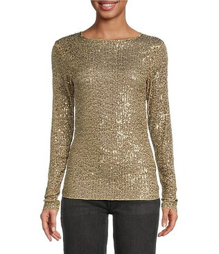 Gold Rush Sequin Crew Neck Long Sleeve Slim Fit Top | Dillard's