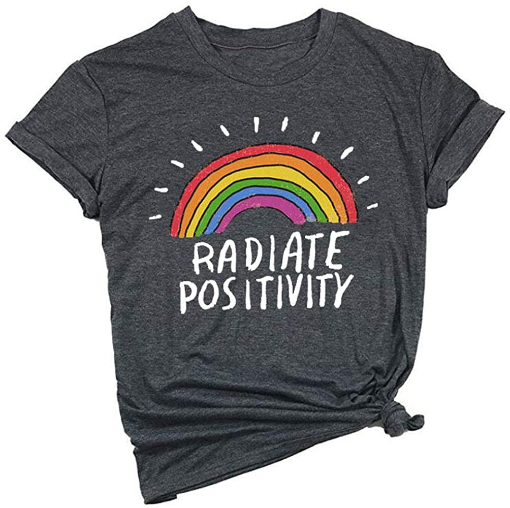 Pride Shirt Women Radiate Positivity Rainbow T-Shirt Funny Letter Print Graphic Tee Summer Short ... | Amazon (US)