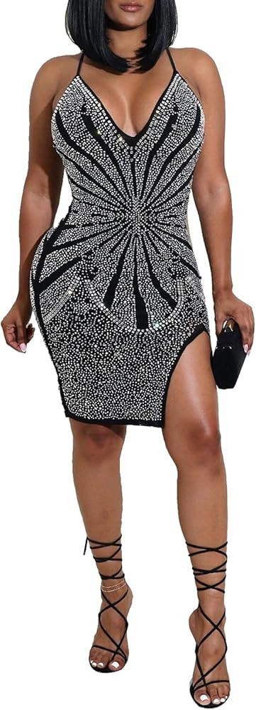 PORRCEY Women's Sexy Elegant Rhinestone Mesh See Through Dance Party Club Night Out Bodycon Mini ... | Amazon (US)