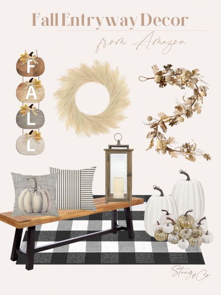 This Fall entryway inspiration includes a black and white plaid rug, porch bench with Fall throw pillows, a pampas grass wreath, neutral Fall garland, a Fall door sign, outdoor lantern, and neutral pumpkins. 

Fall decor, fall home, fall inspiration 

#LTKSeasonal #LTKhome #LTKstyletip