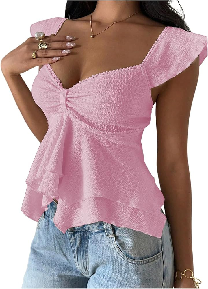 RoseSeek Women's Flowy Going Out Tank Top Sweetheart Neck Cap Sleeve Summer Ruffle Elegant Crop T... | Amazon (US)