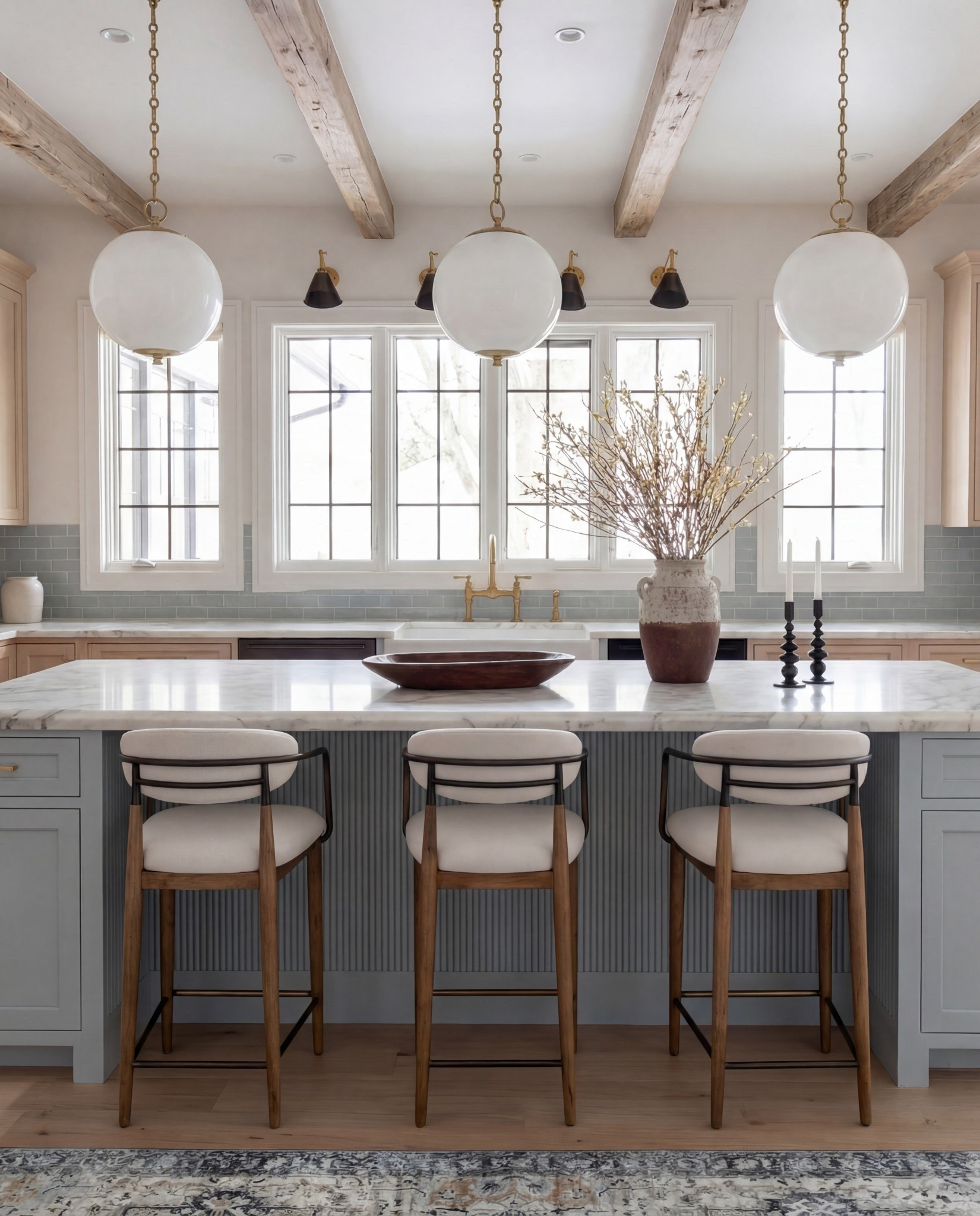 Shop the Look:
• Light blue fluted kitchen island
• Warm oak kitchen cabinets
• Brass globe pendant lights
• Marble kitchen countertop
• Neutral blue patterned runner
• Black + brass bar stools
• Soft blue subway tile backsplash
• Brown Ceramic vase with branches
• Gold kitchen faucet and hardware
•Brown bowl 
Brown floral wall art
Black candle holder

#LTKHome #LTKFindsUnder100 #LTKSaleAlert