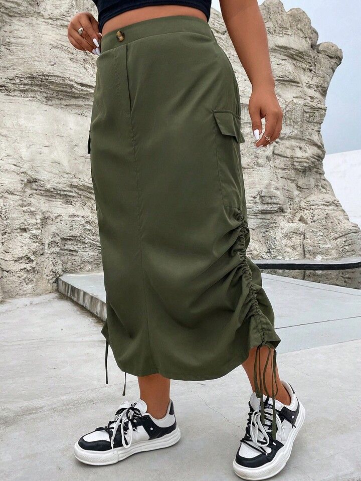 SHEIN Coolane Plus Flap Pocket Drawstring Side Cargo Skirt | SHEIN