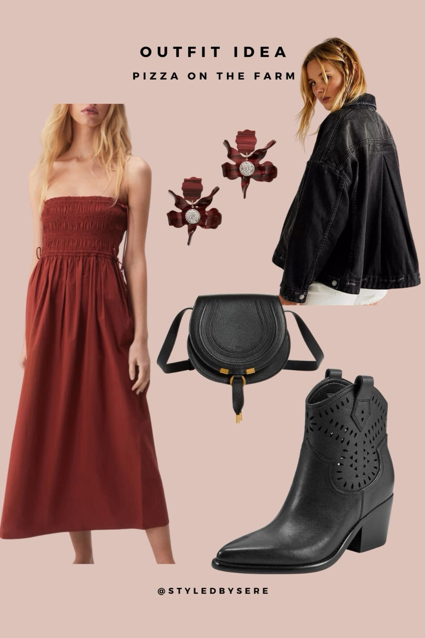 We're loving this darker take on a country date night. We start with a comfortable and cute smock tube dress. Now bring out your dark side with black cute out western ankle boots and an oversized black denim jacket. Oversized black & Burgundy floral earrings are on-trend for 2024 and finish off the western theme with a gorgeous saddle bag. Let's eat!

#LTKStyleTip #LTKParties #LTKFestival