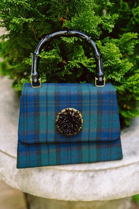 Lulu Black Watch Plaid - Green - Black Pouf - Black Bamboo Handle | Lisi Lerch Inc