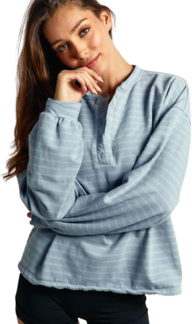 Almere Oversized Cotton Henley Longsleeve Tee, Striped Button Down, Boyfriend Fit | Amazon (US)