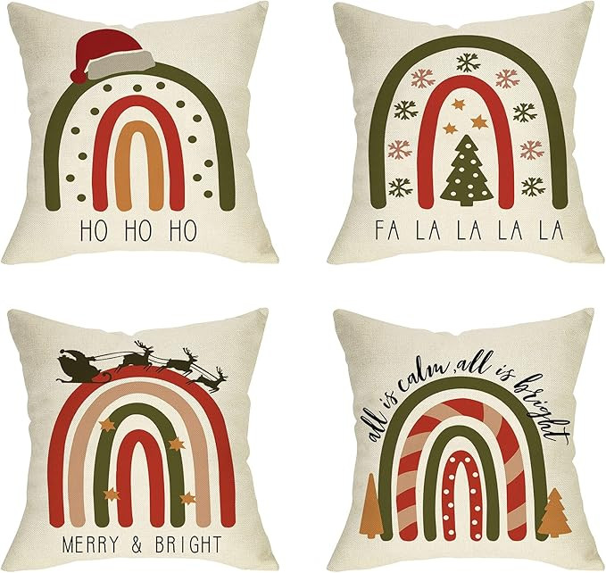 Ussap Christmas Boho Rainbow Home Decorative Throw Pillow Cover Set of 4, Merry Bright Winter Sno... | Amazon (US)