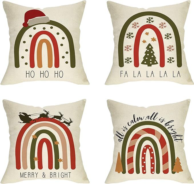 Ussap Christmas Boho Rainbow Home Decorative Throw Pillow Cover Set of 4, Merry Bright Winter Sno... | Amazon (US)